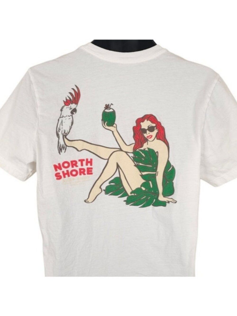 North Shore Surf Shop T Shirt Mens Size Medium White Tiki Pin Up Girl Cockatoo